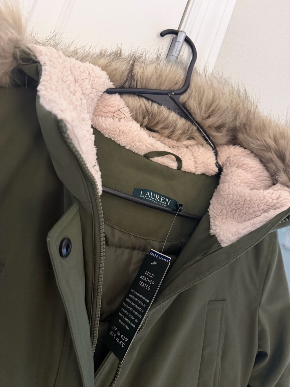 Lauren Ralph Lauren Olive Green Parka with Faux-Fur Trim